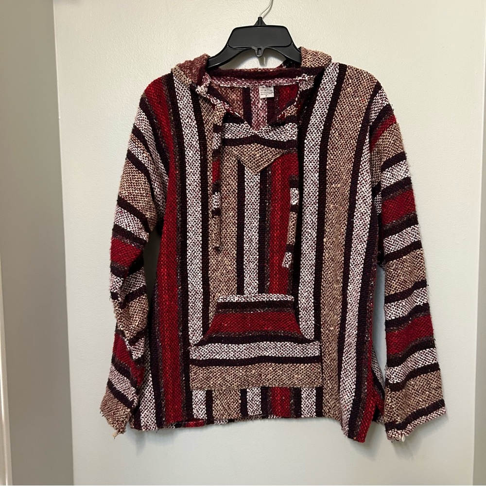 VTG Vel-Mex Baja Hoodie Hippie‎ Pullover Unisex Size M red stripe Grunge Skater
